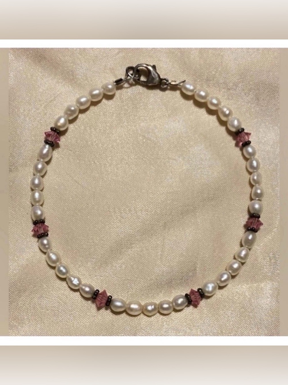 Genuine Pearl Pink Crystal Bead Bracelet Sterling Silver Clasp #9537
